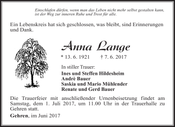 Traueranzeige von Anna Lange von Südthüringer Presse