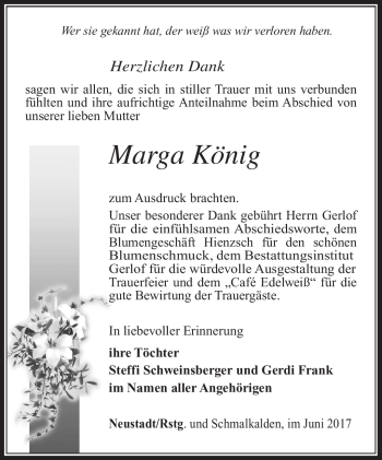 Traueranzeige von Marga König von Südthüringer Presse
