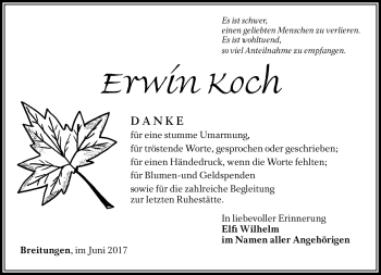 Traueranzeige von Erwin Koch von Südthüringer Presse