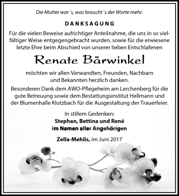 Traueranzeige von Renate Bärwinkel von Südthüringer Presse
