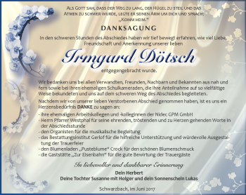 Traueranzeige von Irmgard Dötsch von Südthüringer Presse