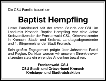Traueranzeige von Baptist Hempfling von Neue Presse Coburg
