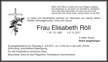 Traueranzeige von Elisabeth Röll von Frankenpost