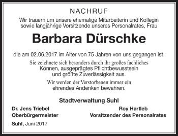 Traueranzeige von BernhardBarbara AltendorfDürschke von Südthüringer Presse