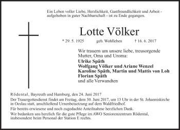 Traueranzeige von Lotte Völker von Neue Presse Coburg