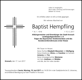 Traueranzeige von Baptist Hempfling von Neue Presse Coburg