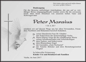 Traueranzeige von Peter Mansius von Südthüringer Presse