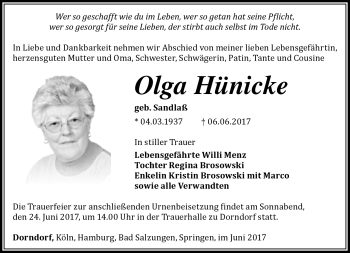 Traueranzeige von Olga Hünicke von Südthüringer Presse