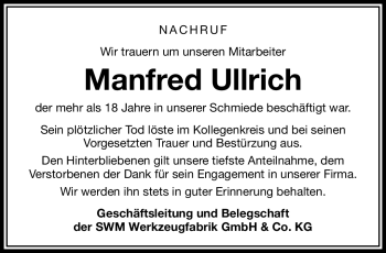 Traueranzeige von Manfred Ulrich von Südthüringer Presse