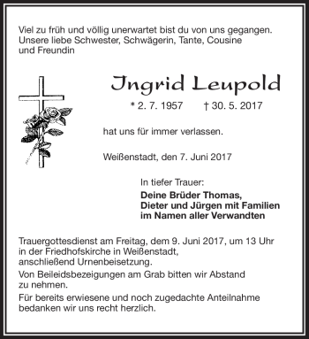Traueranzeige von Ingrid Leupold von Frankenpost