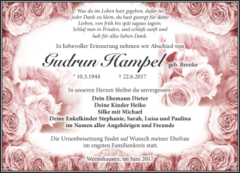 Traueranzeige von Gudrun Hampel von Südthüringer Presse