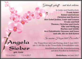 Traueranzeige von Angela Sieber von Südthüringer Presse