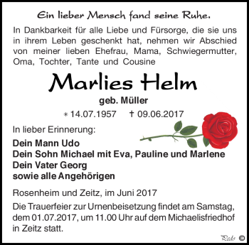Traueranzeige von Marlies Helm von Frankenpost