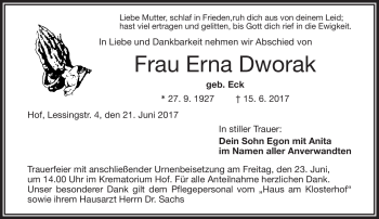 Traueranzeige von Erna Dworak von Frankenpost