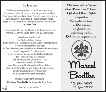Traueranzeige von Marcel Bodtke von Südthüringer Presse