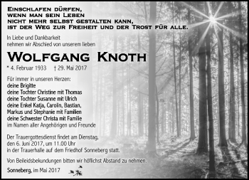Traueranzeige von Wolfgang Knoth von Südthüringer Presse