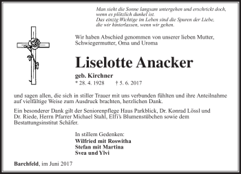 Traueranzeige von Liselotte Anacker von Südthüringer Presse
