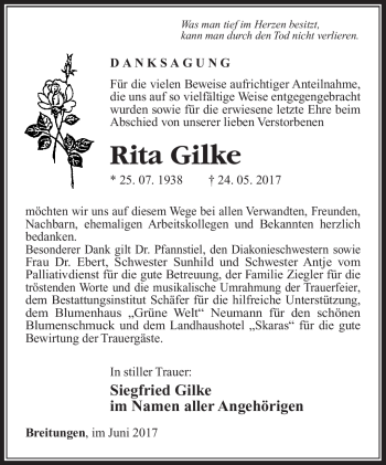 Traueranzeige von Rita Gilke von Südthüringer Presse