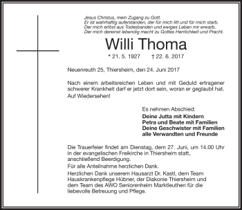 Traueranzeige von Willi Thoma von Frankenpost