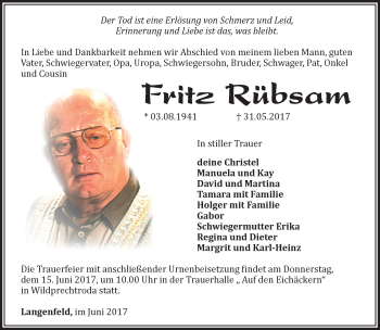 Traueranzeige von Fritz Rübsam von 26010