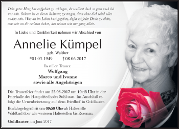 Traueranzeige von Annelie Kümpel von Südthüringer Presse