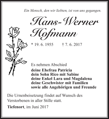 Traueranzeige von Hans-Werner Hofmann von Südthüringer Presse