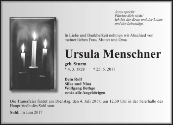 Traueranzeige von Ursula Menschner von Südthüringer Presse