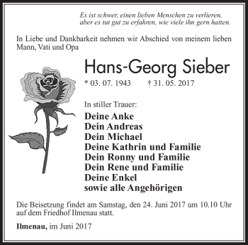 Traueranzeige von Hans-Georg Sieber von Südthüringer Presse