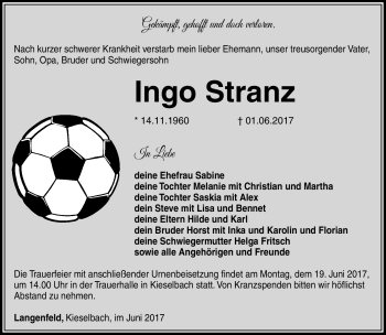 Traueranzeige von Ingo Stranz von Südthüringer Presse