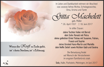 Traueranzeige von Gitta Machelett von Südthüringer Presse