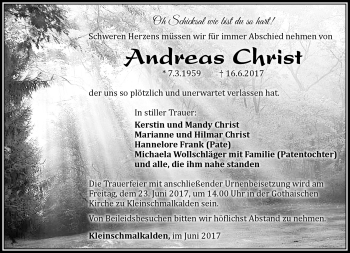 Traueranzeige von Andreas Christ von Südthüringer Presse