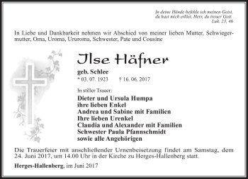 Traueranzeige von Ilse Häfner von Südthüringer Presse