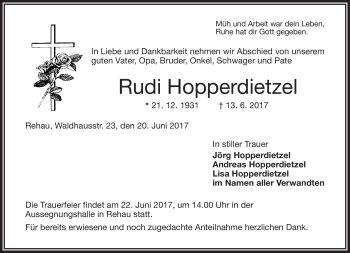 Traueranzeige von Rudi Hopperdietzel von Frankenpost
