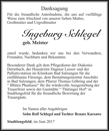 Traueranzeige von Ingeburg Schlegel von Südthüringer Presse