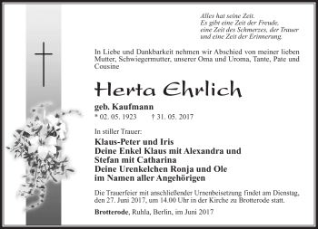 Traueranzeige von Herta Ehrlich von Südthüringer Presse
