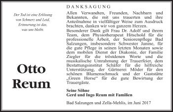 Traueranzeige von Otto Reum von Südthüringer Presse