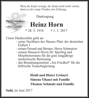 Traueranzeige von Heinz Horn von Südthüringer Presse