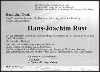 Traueranzeige von Hans-Joachim Rust von Südthüringer Presse