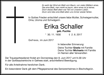 Traueranzeige von Erika Schaller von Frankenpost
