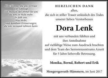 Traueranzeige von Dora Lenk von Südthüringer Presse