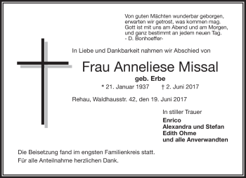 Traueranzeige von Anneliese Missal von Frankenpost