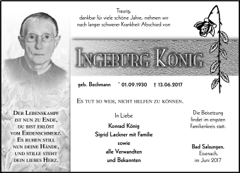 Traueranzeige von Ingeburg König von Südthüringer Presse