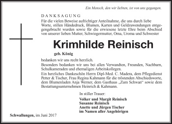 Traueranzeige von Krimhilde Reinisch von Südthüringer Presse