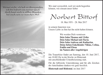 Traueranzeige von Norbert Bittorf von Südthüringer Presse