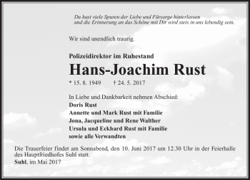 Traueranzeige von Hans-Joachim Rust von Südthüringer Presse
