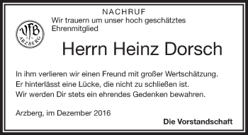 Traueranzeige von Heinz Dorsch von Frankenpost