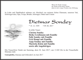 Traueranzeige von Dietmar Sondey von Südthüringer Presse