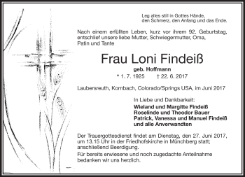 Traueranzeige von Loni Findeiß von Frankenpost