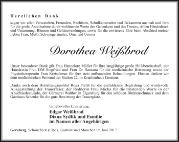 Traueranzeige von Dorothea Weißbrod von Südthüringer Presse