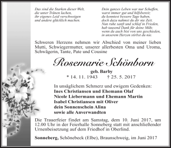 Traueranzeige von Rosemarie Schönborn von Südthüringer Presse
